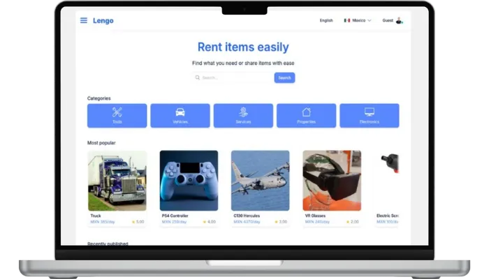 Plataforma de rentas Lengo mostrando productos y servicios disponibles