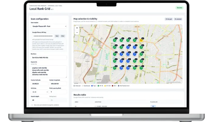 Herramienta Local Rank Grid mostrando rankings de Google Business Profile sobre una cuadrícula geográfica